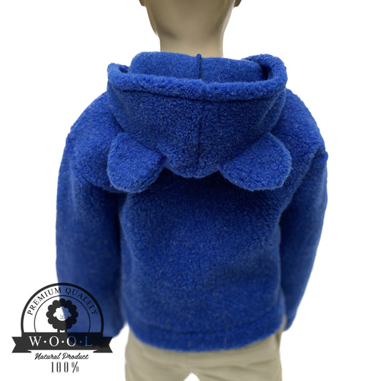 Kinder Wolljacke mit Kapuze aus 100 % Schurwolle – Blau – Größe 98/104 | Maybell's Outlet