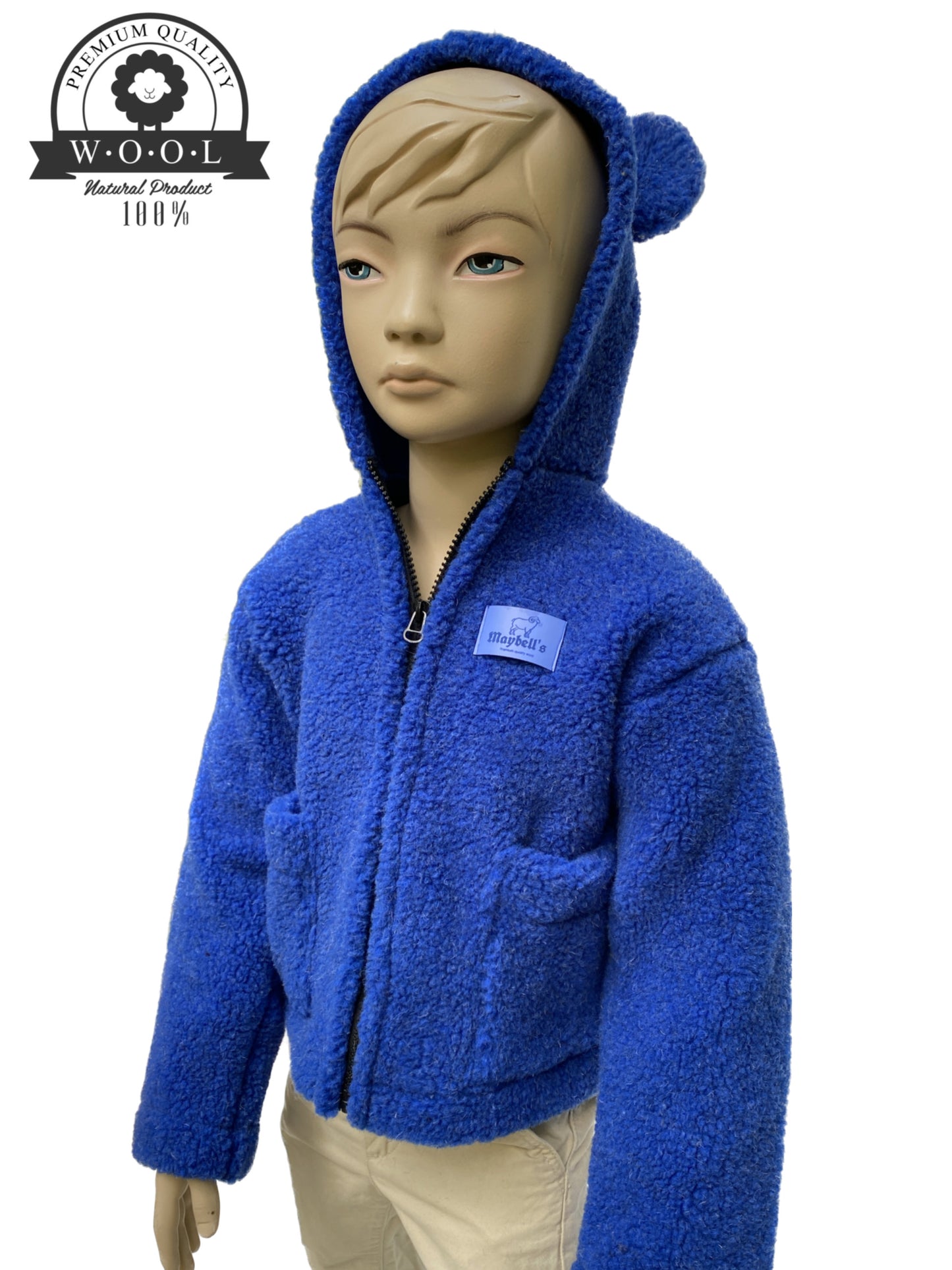 Kinder Wolljacke mit Kapuze aus 100 % Schurwolle – Blau – Größe 98/104 | Maybell's Outlet