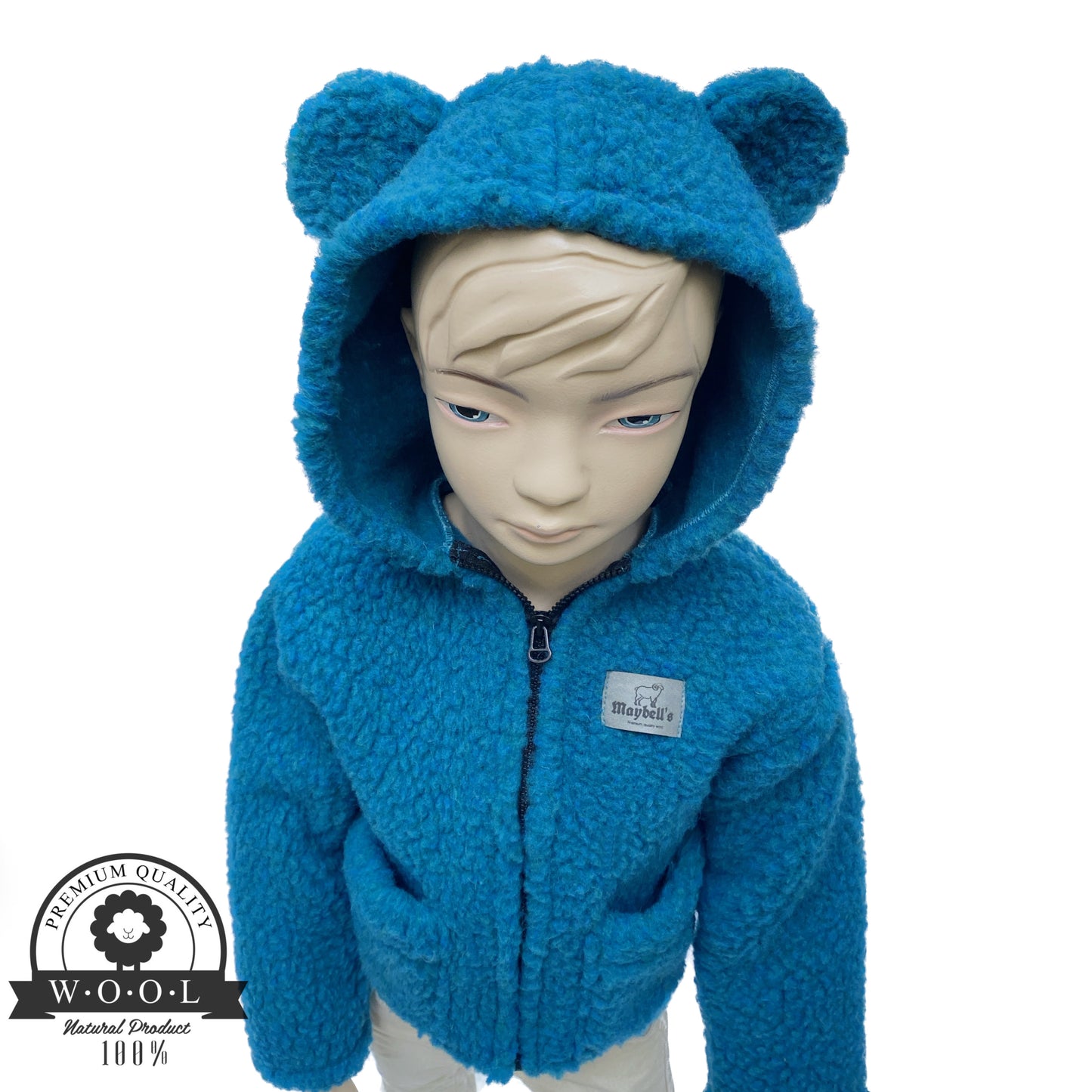 Kinder Wolljacke mit Bärenohren – Limettengrün – 100 % Schurwolle – Größe ca. 110/122 | Maybell’s Outlet