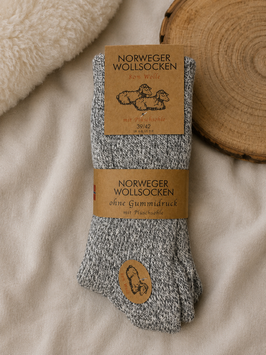Norweger Thermosocken aus 80% Wolle Hellgrau Meliert | Warme Wollsocken für Damen & Herren im praktischen 3er-Set