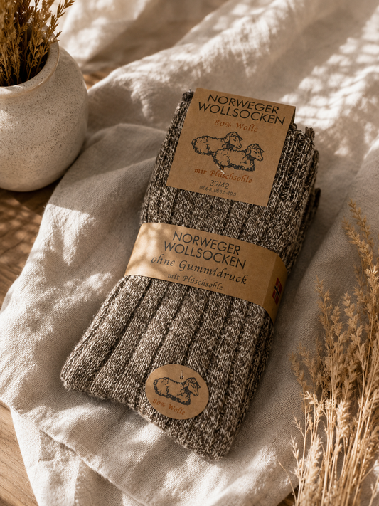 Norweger Thermosocken aus 80% Wolle Braun Meliert | Warme Wollsocken für Damen & Herren im praktischen 3er-Set