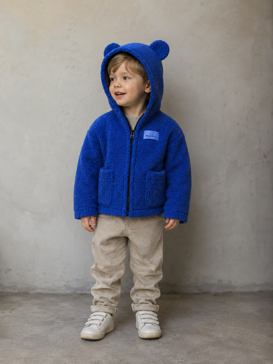 Kinder Wolljacke mit Kapuze aus 100 % Schurwolle – Blau – Größe 98/104 | Maybell's Outlet