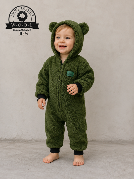 Baby Overall aus 100 % Schurwolle mit Bärenohren – Grün – Größe 74/80 | Maybell's Outlet