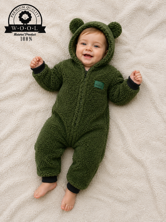 Baby Overall aus 100 % Schurwolle mit Bärenohren – Grün – Größe 74/80 | Maybell's Outlet