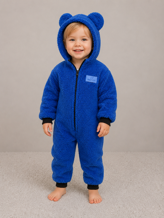 Kinder Wolloverall mit Bärenohren – Blau – 100 % Schurwolle – Größe ca. 98/104 | Maybell’s Outlet
