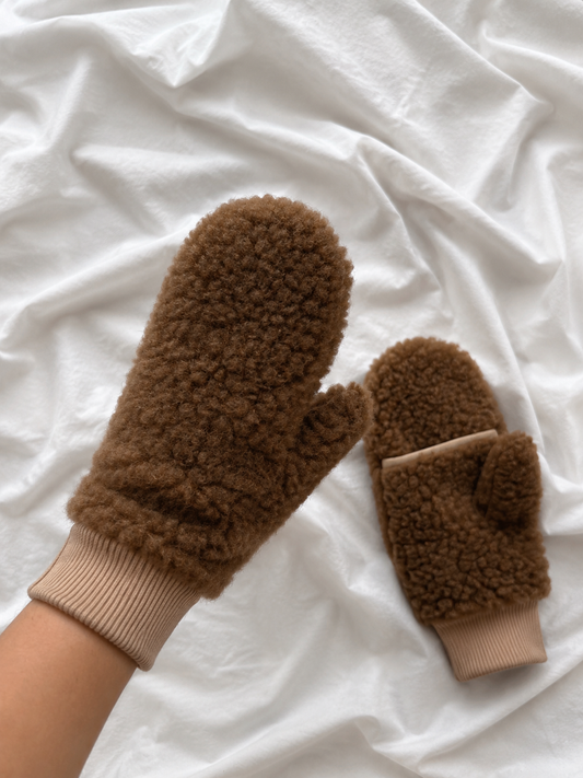 Klappfäustlinge aus 100% Schafwolle – Braun | Beige Bündchen
