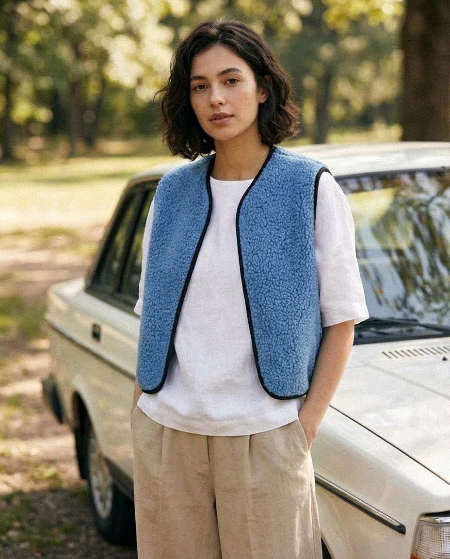 RAW Vest Blue — Niebieska Kamizelka Teddy z Wełny Merino