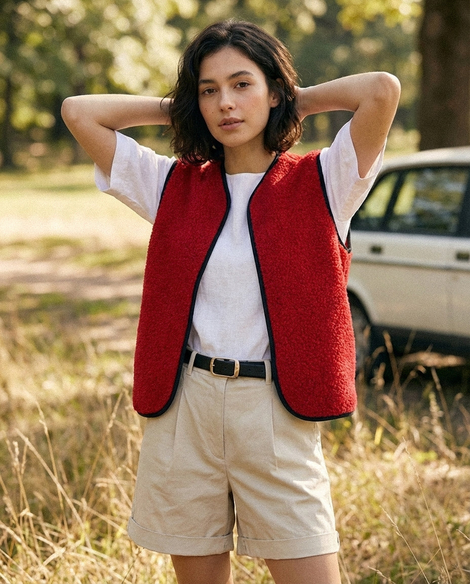RAW Vest Red — Czerwona Kamizelka Teddy z Wełny Merino