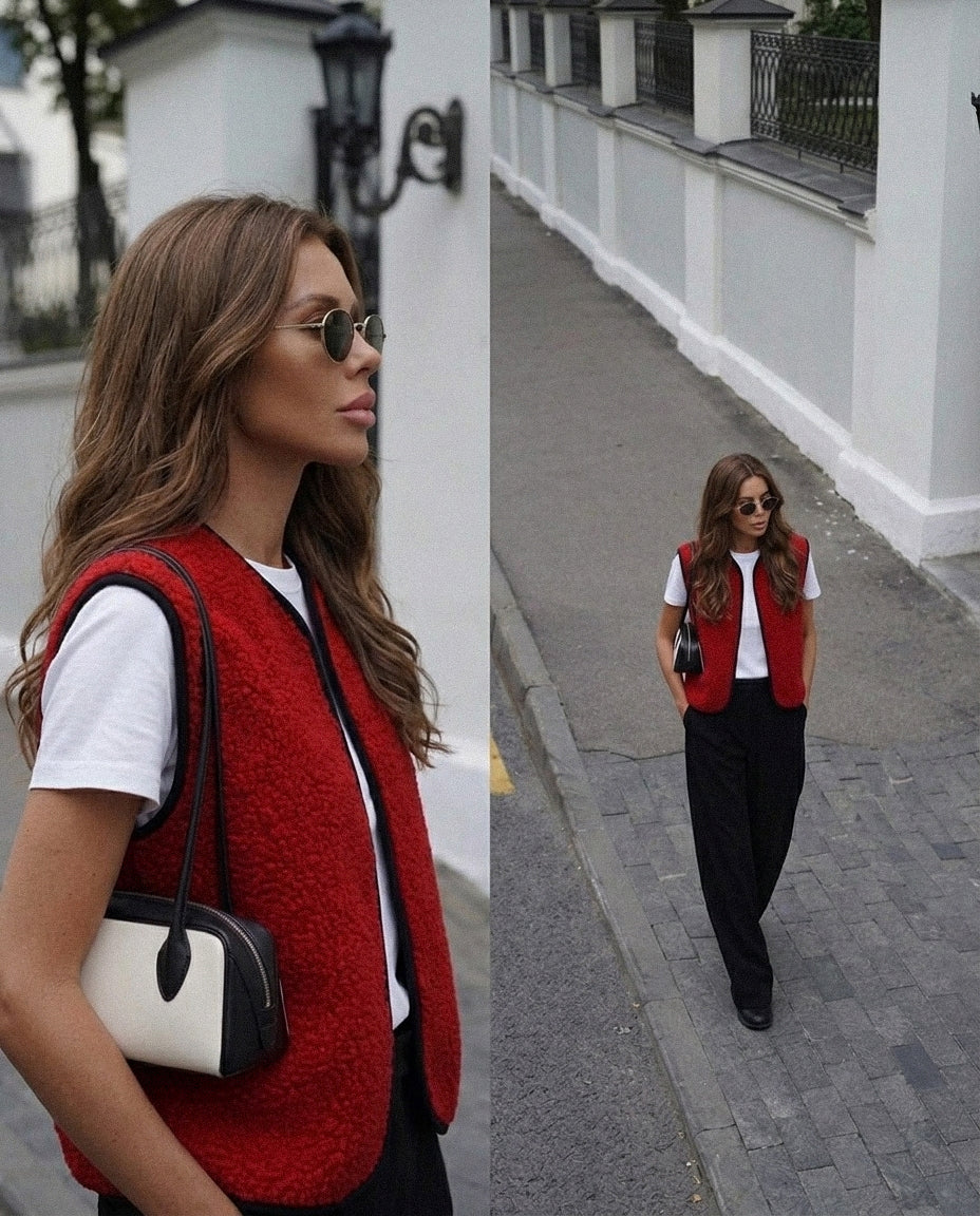 RAW Vest Red — Czerwona Kamizelka Teddy z Wełny Merino