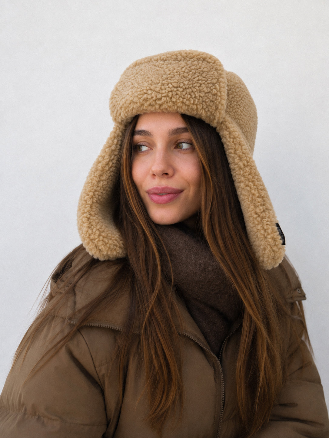 Trappermütze aus 100 % Merinowolle - Beige