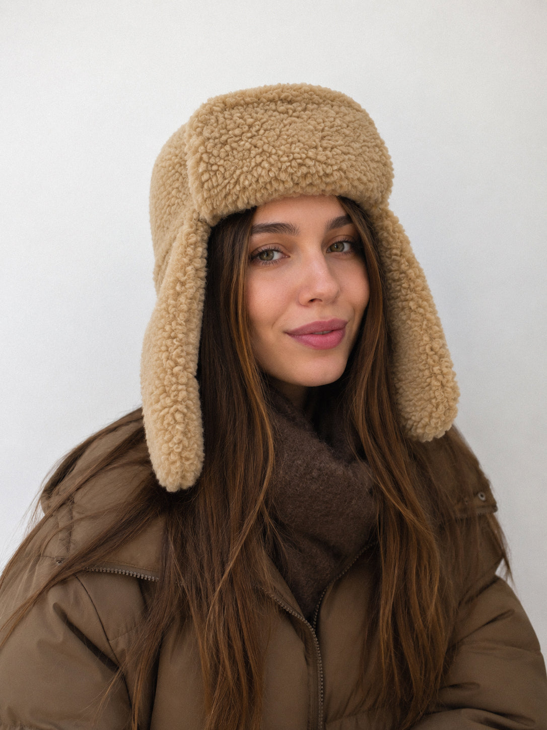 Trappermütze aus 100 % Merinowolle - Beige