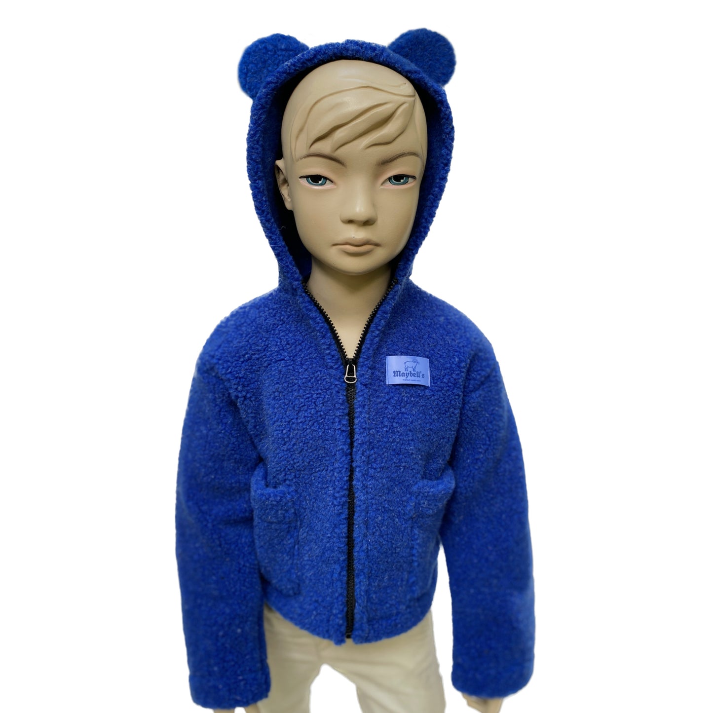 Kinder Wolljacke mit Kapuze aus 100 % Schurwolle – Blau – Größe 98/104 | Maybell's Outlet