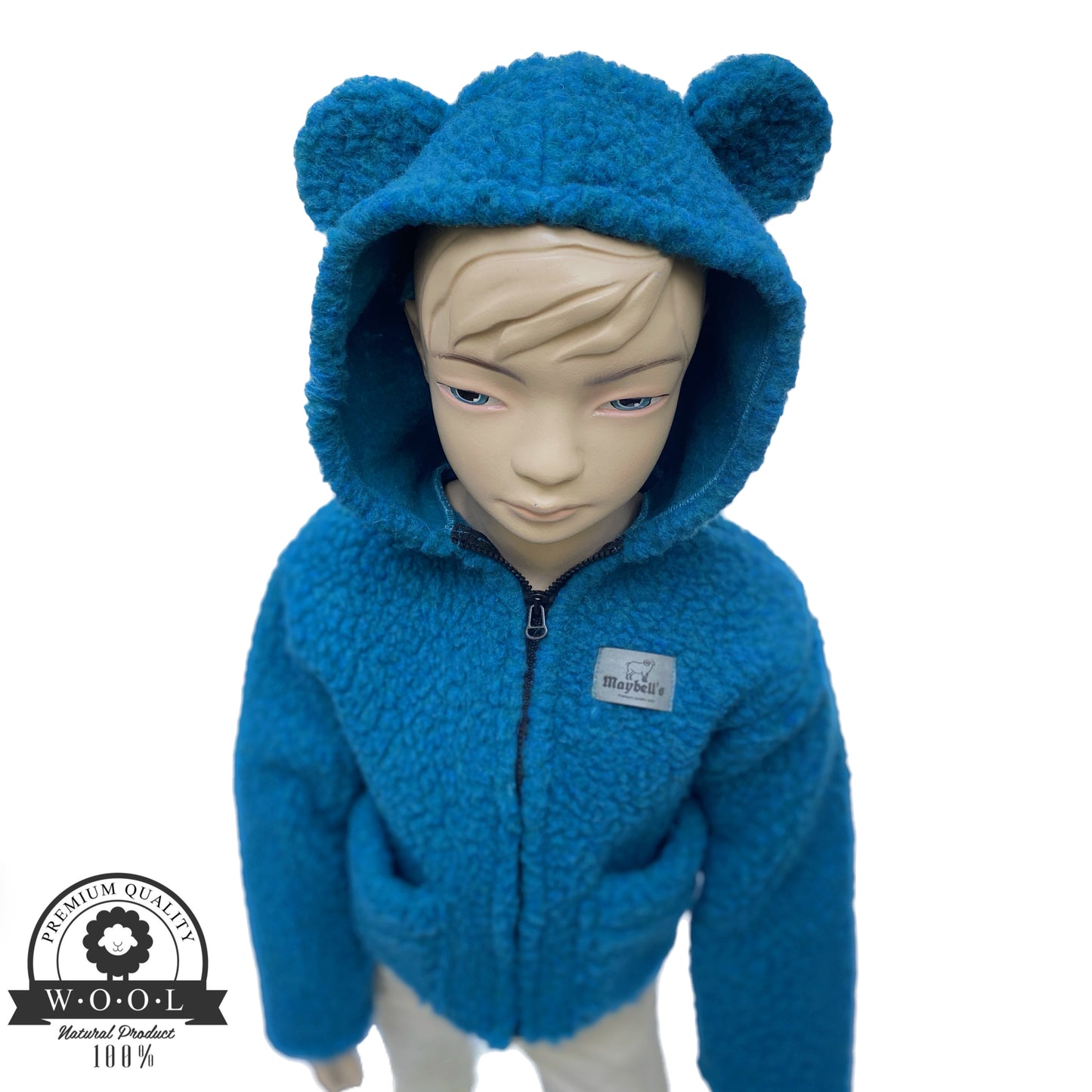 Kinder Wolljacke mit Bärenohren – Limettengrün – 100 % Schurwolle – Größe ca. 110/122 | Maybell’s Outlet