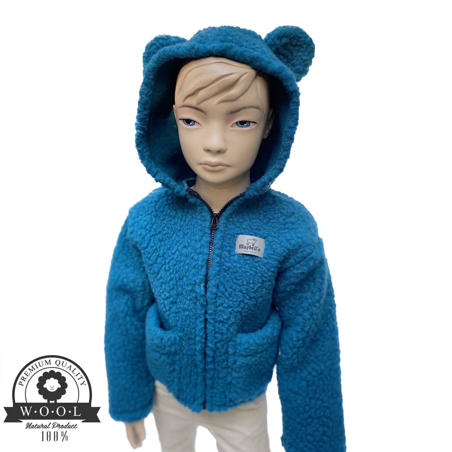 Kinder Wolljacke mit Bärenohren – Limettengrün – 100 % Schurwolle – Größe ca. 110/122 | Maybell’s Outlet