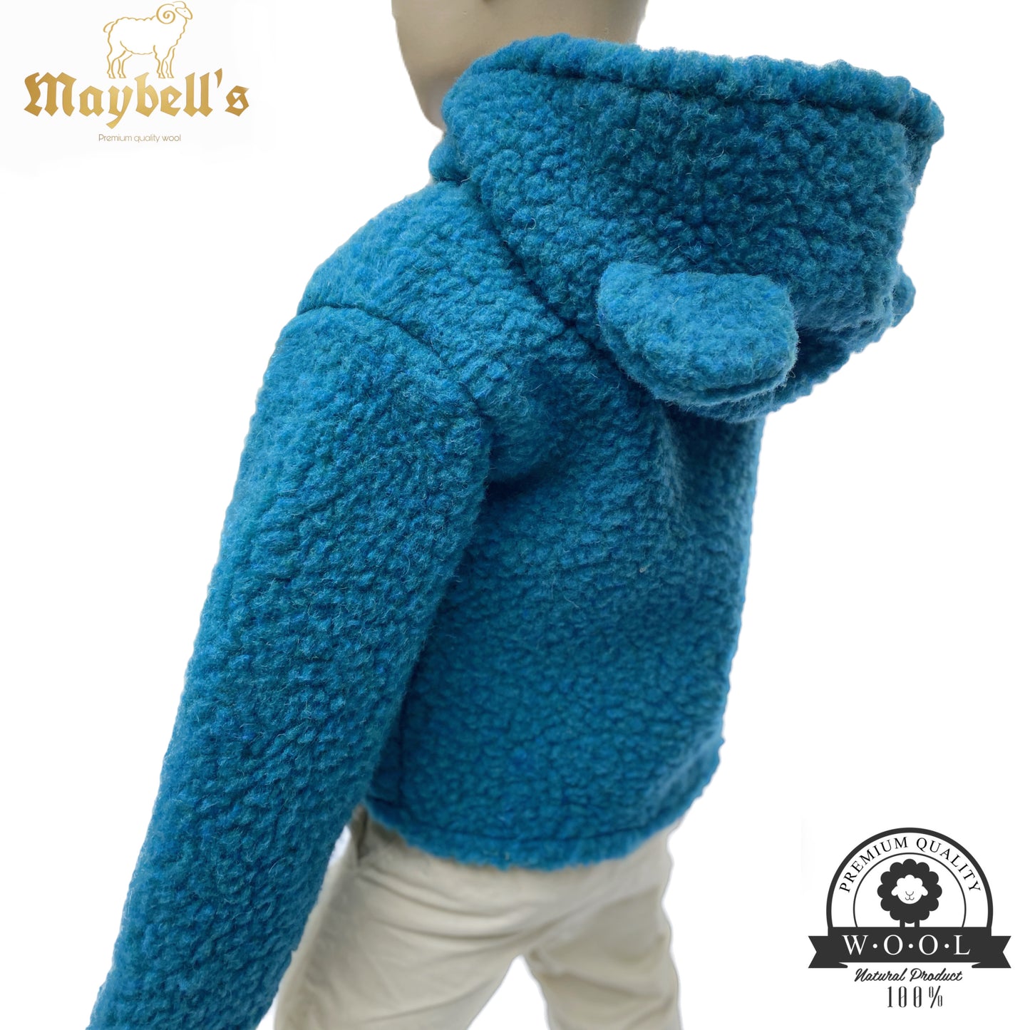 Kinder Wolljacke mit Bärenohren – Limettengrün – 100 % Schurwolle – Größe ca. 110/122 | Maybell’s Outlet