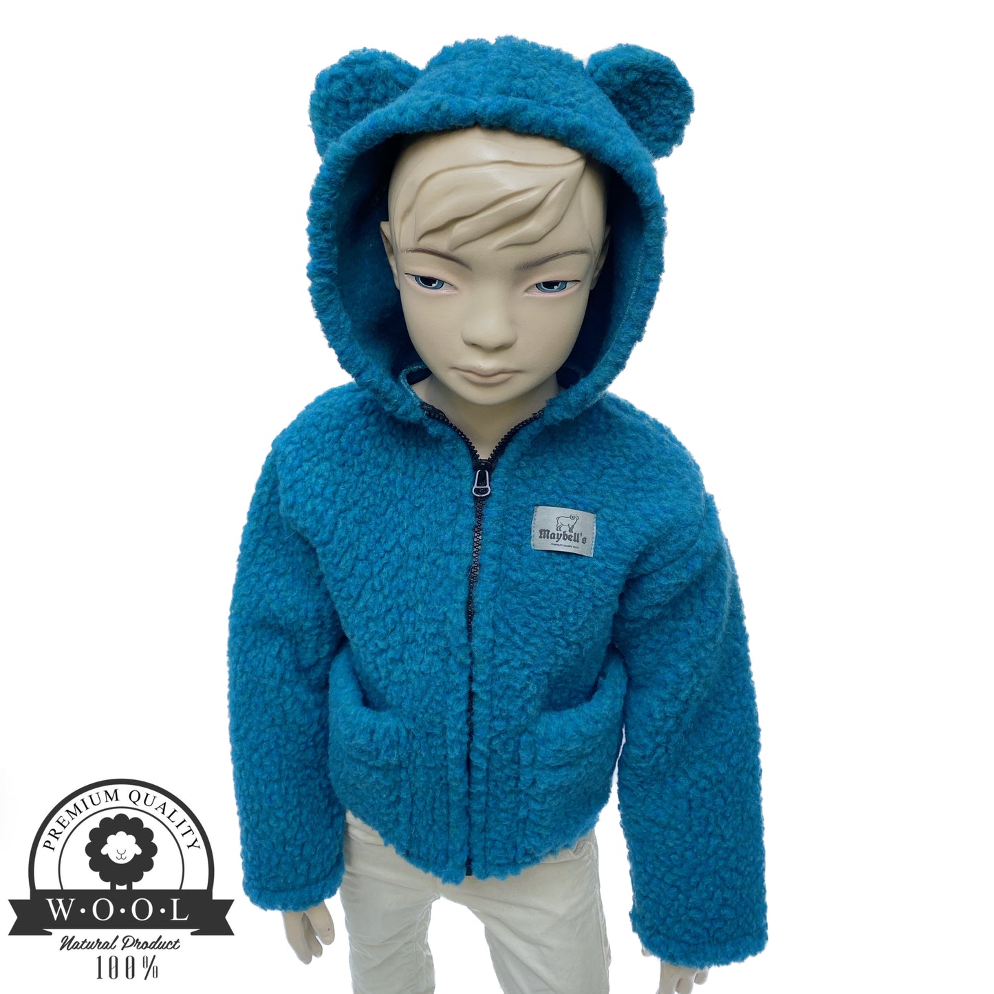 Kinder Wolljacke mit Bärenohren – Limettengrün – 100 % Schurwolle – Größe ca. 110/122 | Maybell’s Outlet