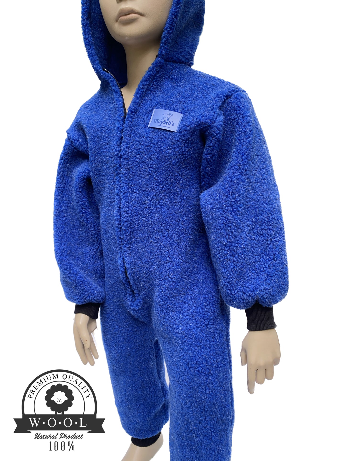 Kinder Wolloverall mit Bärenohren – Blau – 100 % Schurwolle – Größe ca. 98/104 | Maybell’s Outlet