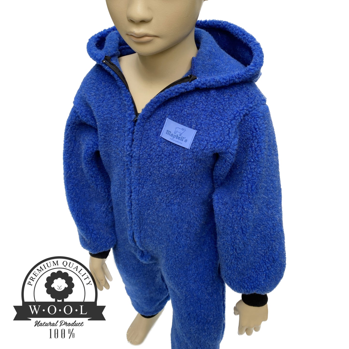Kinder Wolloverall mit Bärenohren – Blau – 100 % Schurwolle – Größe ca. 98/104 | Maybell’s Outlet