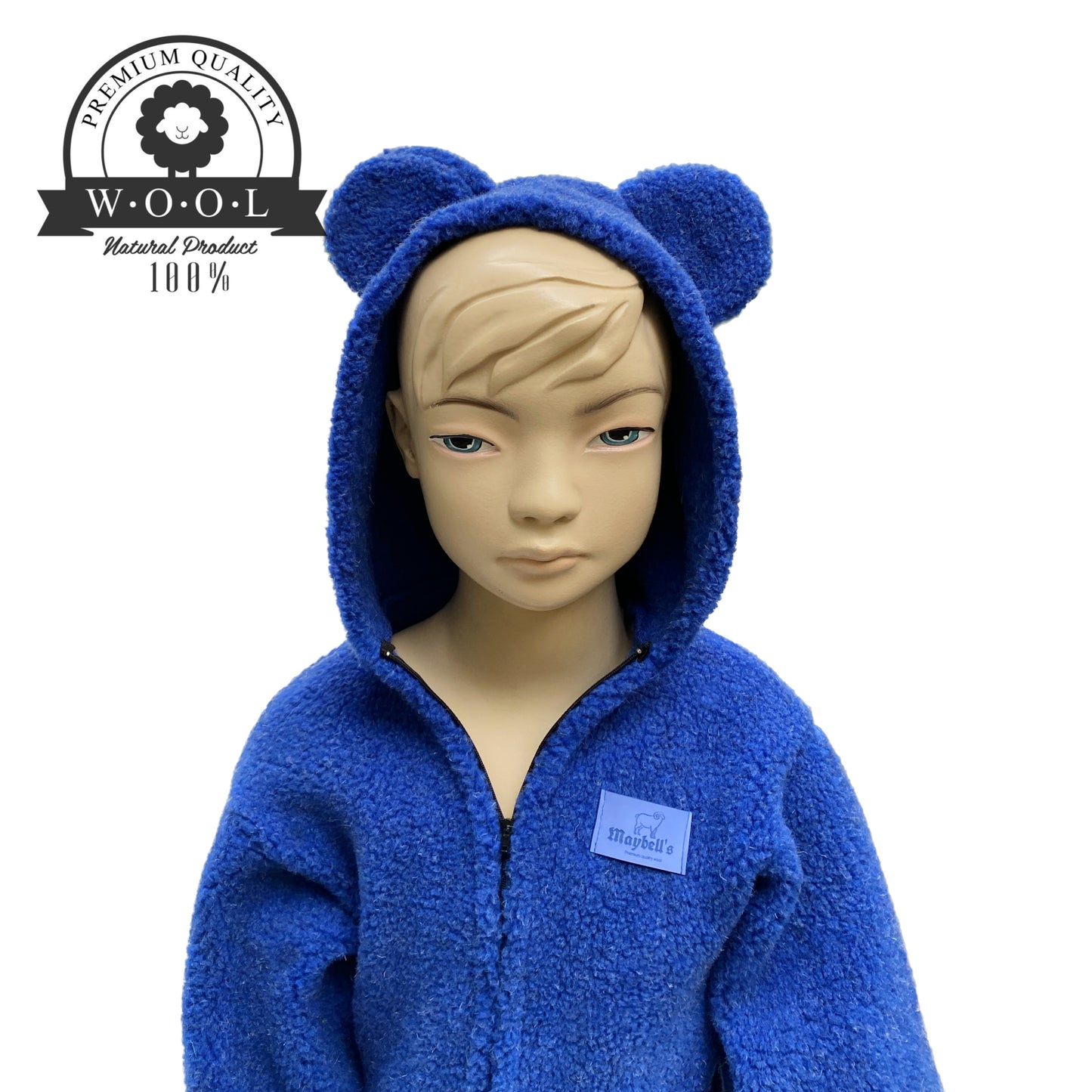 Kinder Wolloverall mit Bärenohren – Blau – 100 % Schurwolle – Größe ca. 98/104 | Maybell’s Outlet