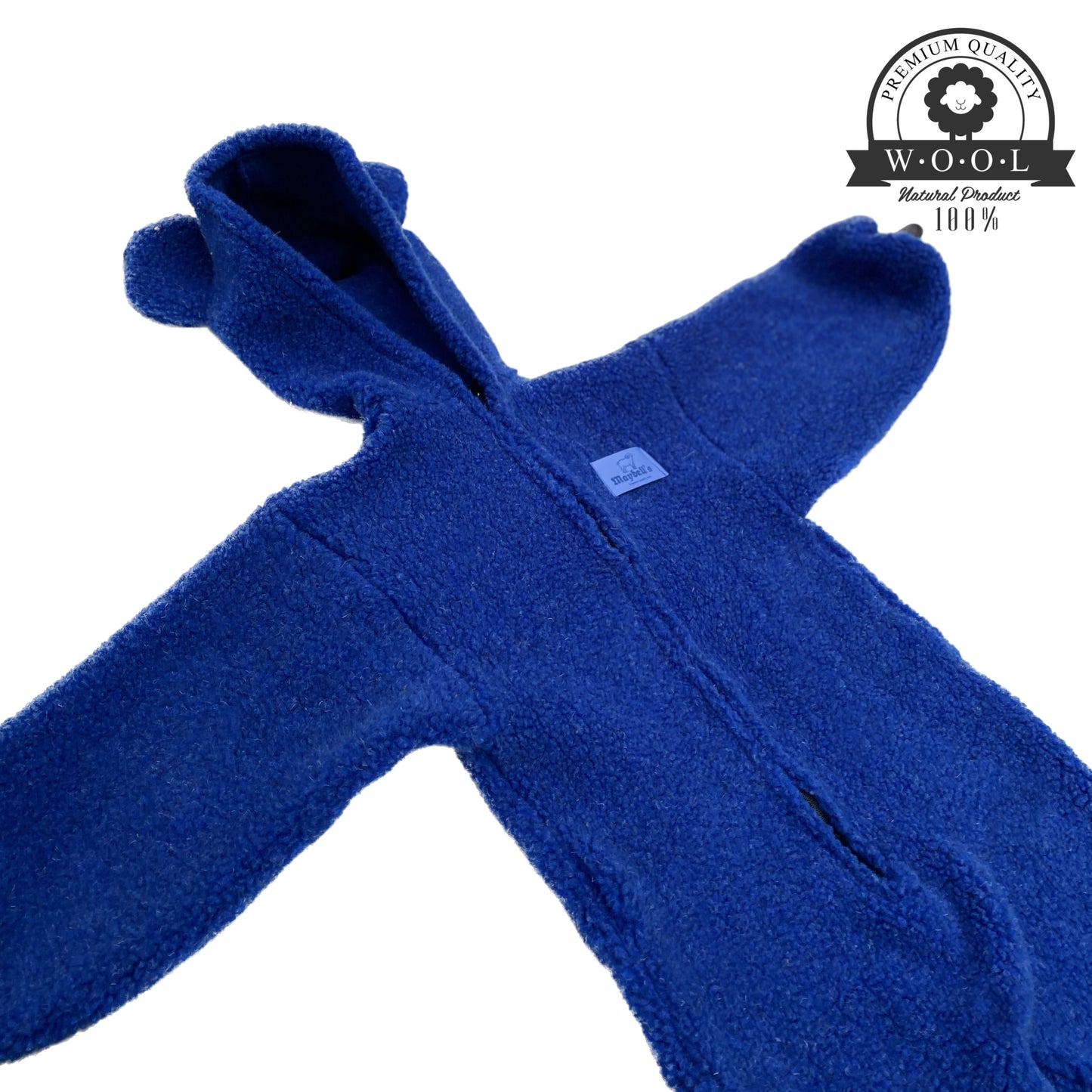 Kinder Wolloverall mit Bärenohren – Blau – 100 % Schurwolle – Größe ca. 98/104 | Maybell’s Outlet