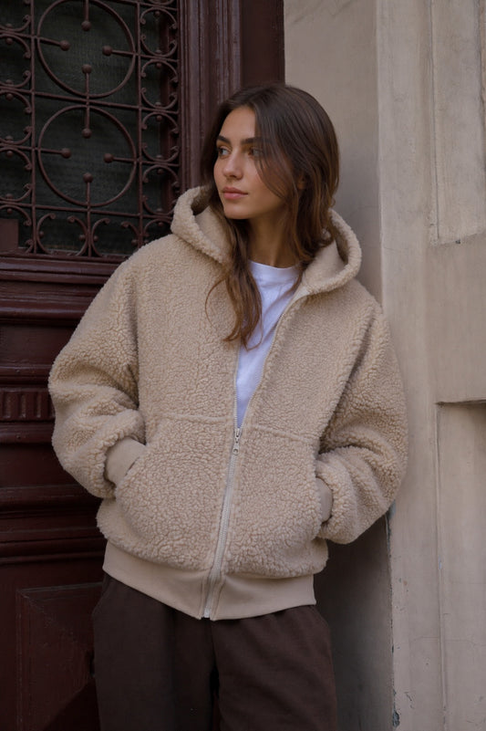 SHERPA – Damen  Merino Teddy Wolljacke Beige