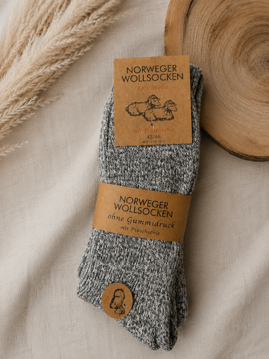 Norweger Thermosocken aus 80% Wolle Hellgrau Meliert | Warme Wollsocken für Damen & Herren im praktischen 3er-Set