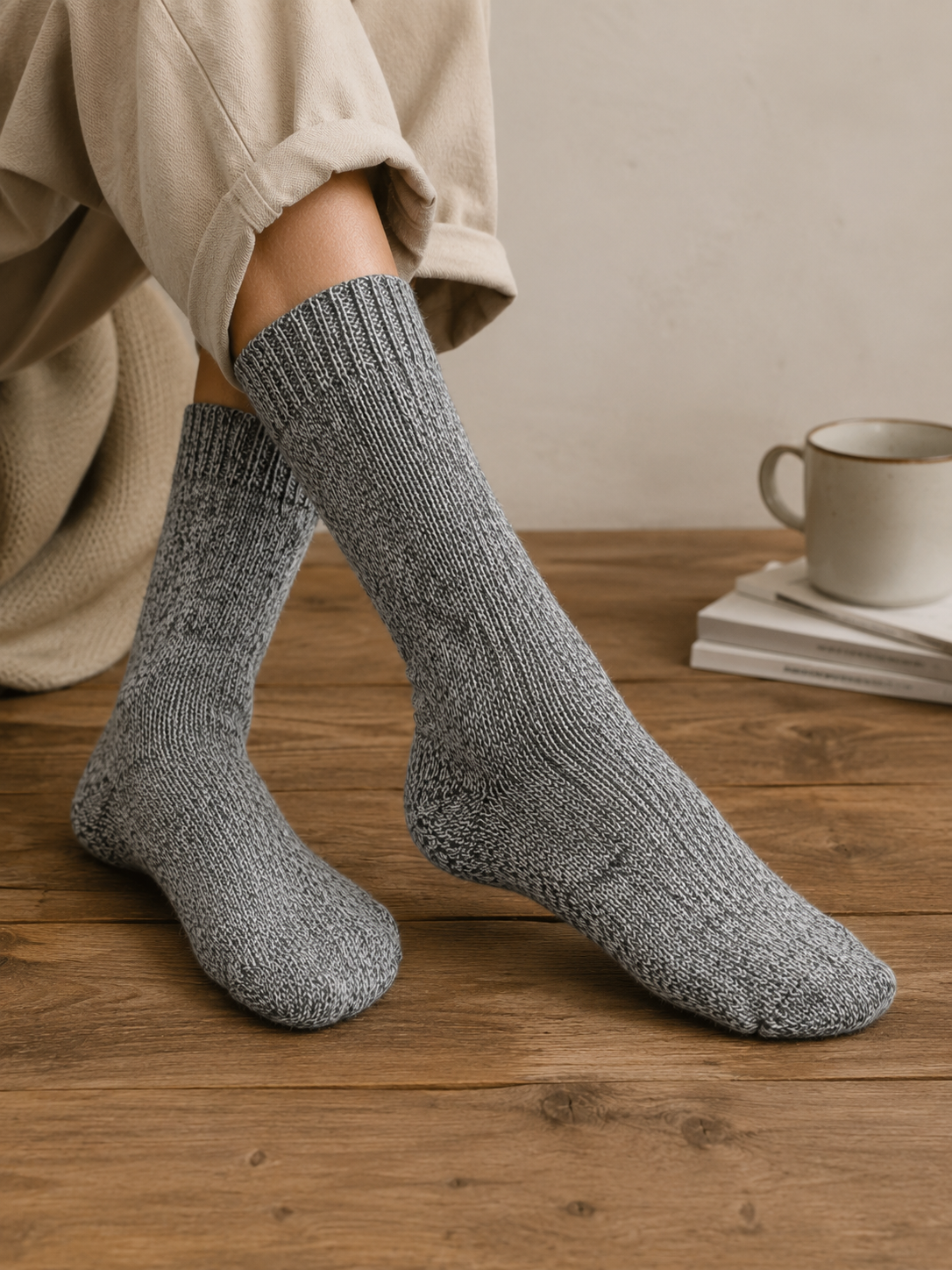 Norweger Thermosocken aus 80% Wolle Hellgrau Meliert | Warme Wollsocken für Damen & Herren im praktischen 3er-Set